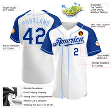Load image into Gallery viewer, Custom White Royal-Light Blue Authentic Raglan Sleeves Baseball Jersey
