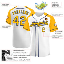 Load image into Gallery viewer, Custom White Gold-Navy Authentic Raglan Sleeves Baseball Jersey
