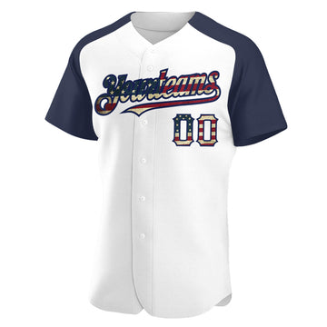 Custom White Vintage USA Flag-Navy Authentic Raglan Sleeves Baseball Jersey