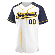 Load image into Gallery viewer, Custom White Navy-Gold Authentic Raglan Sleeves Baseball Jersey
