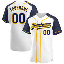 Load image into Gallery viewer, Custom White Navy-Gold Authentic Raglan Sleeves Baseball Jersey
