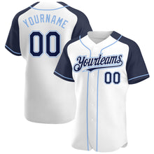 Load image into Gallery viewer, Custom White Navy-Light Blue Authentic Raglan Sleeves Baseball Jersey
