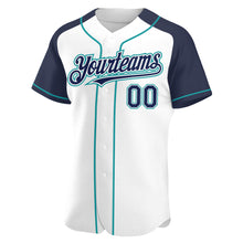 Load image into Gallery viewer, Custom White Navy-Teal Authentic Raglan Sleeves Baseball Jersey
