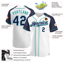 Load image into Gallery viewer, Custom White Navy-Teal Authentic Raglan Sleeves Baseball Jersey
