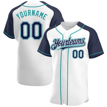 Load image into Gallery viewer, Custom White Navy-Teal Authentic Raglan Sleeves Baseball Jersey
