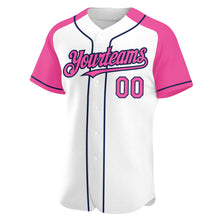 Load image into Gallery viewer, Custom White Pink-Navy Authentic Raglan Sleeves Baseball Jersey
