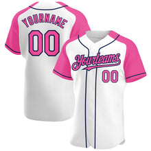 Load image into Gallery viewer, Custom White Pink-Navy Authentic Raglan Sleeves Baseball Jersey
