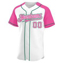 Load image into Gallery viewer, Custom White Pink-Kelly Green Authentic Raglan Sleeves Baseball Jersey
