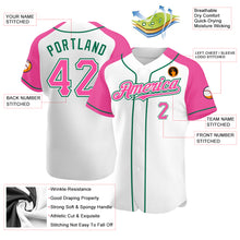 Load image into Gallery viewer, Custom White Pink-Kelly Green Authentic Raglan Sleeves Baseball Jersey
