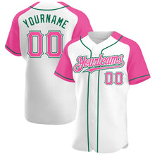 Load image into Gallery viewer, Custom White Pink-Kelly Green Authentic Raglan Sleeves Baseball Jersey
