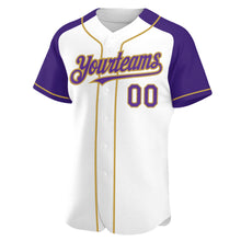 Load image into Gallery viewer, Custom White Purple-Old Gold Authentic Raglan Sleeves Baseball Jersey
