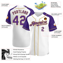Load image into Gallery viewer, Custom White Purple-Old Gold Authentic Raglan Sleeves Baseball Jersey
