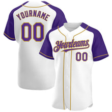 Load image into Gallery viewer, Custom White Purple-Old Gold Authentic Raglan Sleeves Baseball Jersey
