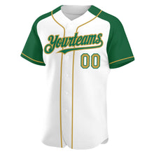Load image into Gallery viewer, Custom White Old Gold-Kelly Green Authentic Raglan Sleeves Baseball Jersey
