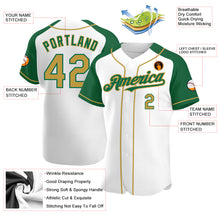 Load image into Gallery viewer, Custom White Old Gold-Kelly Green Authentic Raglan Sleeves Baseball Jersey
