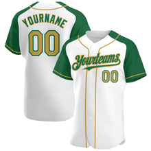 Load image into Gallery viewer, Custom White Old Gold-Kelly Green Authentic Raglan Sleeves Baseball Jersey
