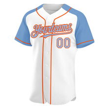 Load image into Gallery viewer, Custom White Light Blue-Orange Authentic Raglan Sleeves Baseball Jersey
