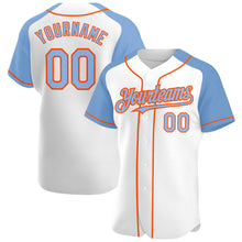 Load image into Gallery viewer, Custom White Light Blue-Orange Authentic Raglan Sleeves Baseball Jersey
