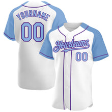 Load image into Gallery viewer, Custom White Light Blue-Purple Authentic Raglan Sleeves Baseball Jersey
