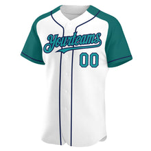Load image into Gallery viewer, Custom White Teal-Navy Authentic Raglan Sleeves Baseball Jersey
