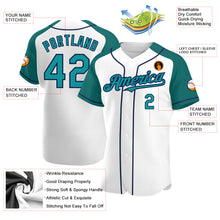 Load image into Gallery viewer, Custom White Teal-Navy Authentic Raglan Sleeves Baseball Jersey
