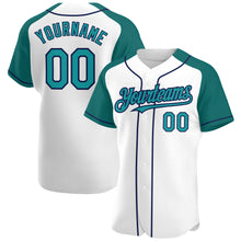 Load image into Gallery viewer, Custom White Teal-Navy Authentic Raglan Sleeves Baseball Jersey

