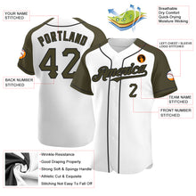 Load image into Gallery viewer, Custom White Olive-Black Authentic Raglan Sleeves Baseball Jersey
