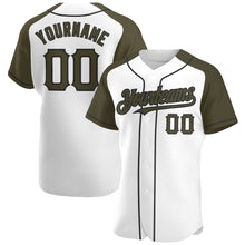 Load image into Gallery viewer, Custom White Olive-Black Authentic Raglan Sleeves Baseball Jersey
