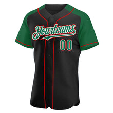 Laden Sie das Bild in den Galerie-Viewer, Custom Black Kelly Green-Red Authentic Raglan Sleeves Baseball Jersey
