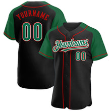 Laden Sie das Bild in den Galerie-Viewer, Custom Black Kelly Green-Red Authentic Raglan Sleeves Baseball Jersey
