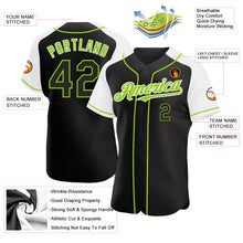 Laden Sie das Bild in den Galerie-Viewer, Custom Black White-Neon Green Authentic Raglan Sleeves Baseball Jersey
