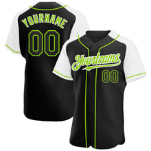 Laden Sie das Bild in den Galerie-Viewer, Custom Black White-Neon Green Authentic Raglan Sleeves Baseball Jersey
