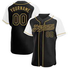 Laden Sie das Bild in den Galerie-Viewer, Custom Black White-Old Gold Authentic Raglan Sleeves Baseball Jersey
