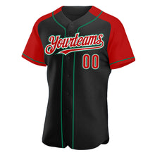 Laden Sie das Bild in den Galerie-Viewer, Custom Black Red-Kelly Green Authentic Raglan Sleeves Baseball Jersey
