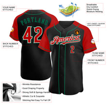 Laden Sie das Bild in den Galerie-Viewer, Custom Black Red-Kelly Green Authentic Raglan Sleeves Baseball Jersey
