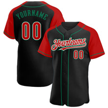 Laden Sie das Bild in den Galerie-Viewer, Custom Black Red-Kelly Green Authentic Raglan Sleeves Baseball Jersey
