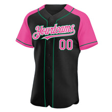 Load image into Gallery viewer, Custom Black Pink-Kelly Green Authentic Raglan Sleeves Baseball Jersey
