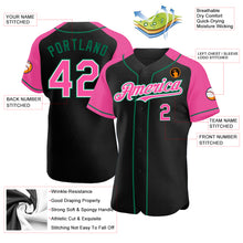 Load image into Gallery viewer, Custom Black Pink-Kelly Green Authentic Raglan Sleeves Baseball Jersey
