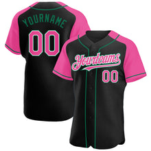 Load image into Gallery viewer, Custom Black Pink-Kelly Green Authentic Raglan Sleeves Baseball Jersey
