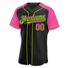 Load image into Gallery viewer, Custom Black Pink-Neon Green Authentic Raglan Sleeves Baseball Jersey
