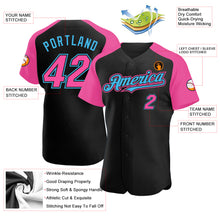 Load image into Gallery viewer, Custom Black Pink-Sky Blue Authentic Raglan Sleeves Baseball Jersey
