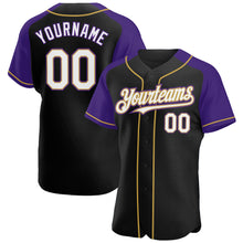 Load image into Gallery viewer, Custom Black White Purple-Old Gold Authentic Raglan Sleeves Baseball Jersey
