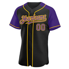 Laden Sie das Bild in den Galerie-Viewer, Custom Black Purple-Yellow Authentic Raglan Sleeves Baseball Jersey
