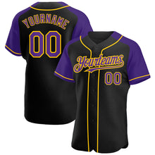 Laden Sie das Bild in den Galerie-Viewer, Custom Black Purple-Yellow Authentic Raglan Sleeves Baseball Jersey
