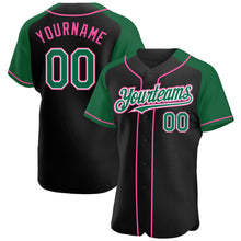 Laden Sie das Bild in den Galerie-Viewer, Custom Black Kelly Green-Pink Authentic Raglan Sleeves Baseball Jersey
