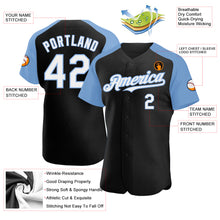 Laden Sie das Bild in den Galerie-Viewer, Custom Black White-Light Blue Authentic Raglan Sleeves Baseball Jersey
