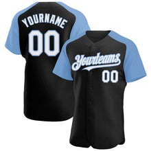 Laden Sie das Bild in den Galerie-Viewer, Custom Black White-Light Blue Authentic Raglan Sleeves Baseball Jersey
