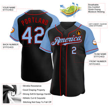 Charger l&#39;image dans la galerie, Custom Black Light Blue-Red Authentic Raglan Sleeves Baseball Jersey
