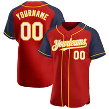 Load image into Gallery viewer, Custom Red White Navy-Gold Authentic Raglan Sleeves Baseball Jersey

