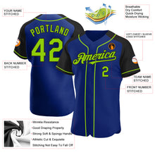 Charger l&#39;image dans la galerie, Custom Royal Neon Green-Black Authentic Raglan Sleeves Baseball Jersey
